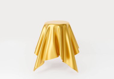 Satış afişi, şablonu, sahne podyumu için 3D yuvarlak masa yapımı altın ipek kumaş. Beyaz arkaplanda boş masa örtüsü izole edildi. Soyut kozmetik arka planı.