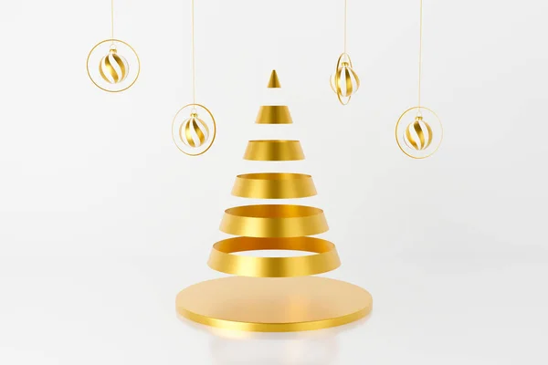 Render Árvore Natal Ouro Abstrato Bugiganga Pendurado Fita Natal Moderno — Fotografia de Stock