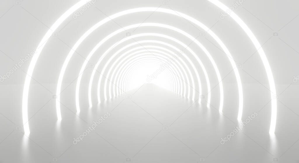 3d render of abstract white light tunnel background geometric in studio room. Futuristic interior architecture modern design. Perspective of new showroom corridor at the end. Technology science.