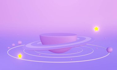 Satürn gezegeninin uzayda üç boyutlu görüntüsü. Pastel arka planda soyut. Reklam için 3D mor podyum kağıt sanatı. Yaratıcı fikirler asgari galaksi yıldızları. Geometrik konsept.