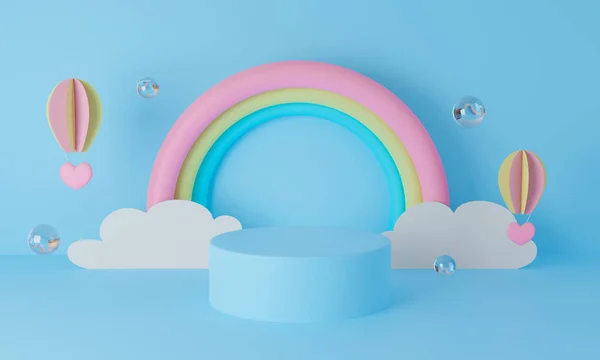 Pastel arka planda 3D mavi podyum. Ekran ürünü tasarımı için 3d hazırlama. Yaratıcı fikirler asgari yaz tasarımı. Bulutlu ve kağıt balonlu tatlı gökkuşağı. Çizgi film.