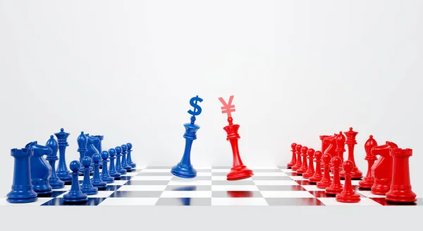 3d chess pieces. 3d rendering for USA and china trade war. US America against China tariffs conflict with dollar and yuan on chess board background abstract. Economic crisis concept.