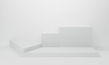 Stüdyo odasında geometrik şekilli soyut beyaz arka plan. 3D görüntüleme ürünü ve kozmetik güzellik. Podyum sahnesi olan en az model. Boş sahne ya da ayakta dur. Modern mimari.