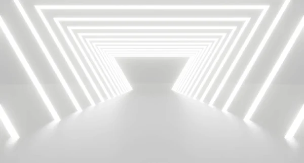 Renderização Abstrato Triângulo Branco Fundo Túnel Luz Geométrica Sala Estúdio — Fotografia de Stock