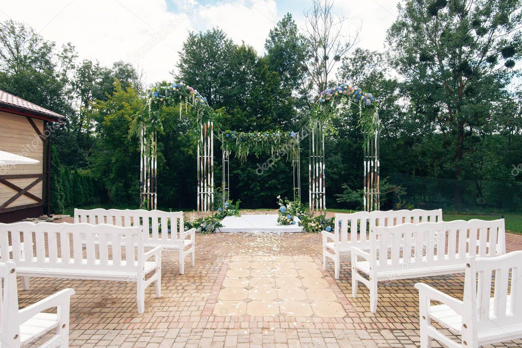 Wedding path and decorations for newlyweds. In Nature in the garden. Wedding ceremony