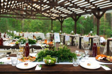 Düğün masa aranjmanı, çiçek dekorasyon, restoran zarif. Düğün tablo ayarı. Ormanın içinde düğün