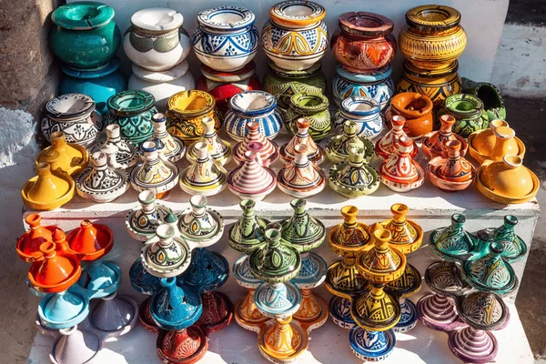 Traditional Moroccan market with souvenirs. Handmade ceramic