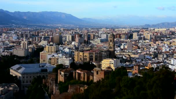 Malaga Espagne Sunrice Sunskyline Avec Ciel Rouge Hôtel Ville Vieux — Video