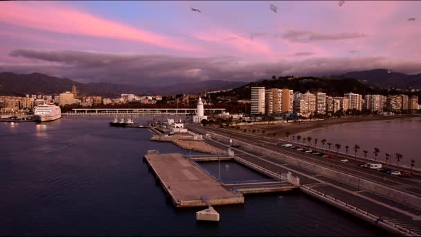 Málaga España Sunrice Sunskyline Con Cielo Rojo Ayuntamiento Antiguo Puerto — Vídeo de stock