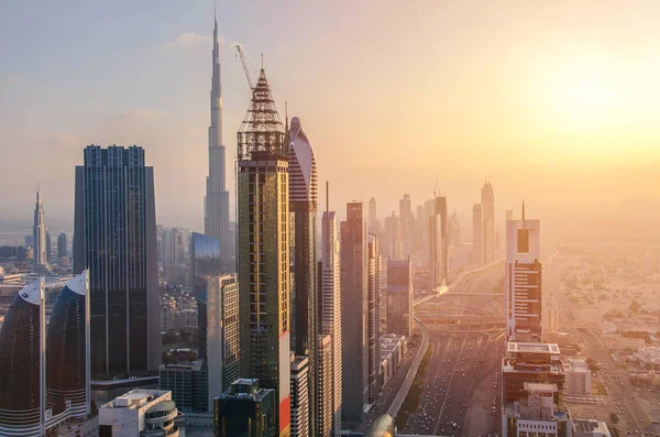 Panoramę Dubaju Zachód Słońca Zjednoczone Emiraty Arabskie — Zdjęcie stockowe