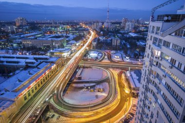 Gece Kiev şehir merkezi manzaralı yükseklikten, Kiev, Ukrayna