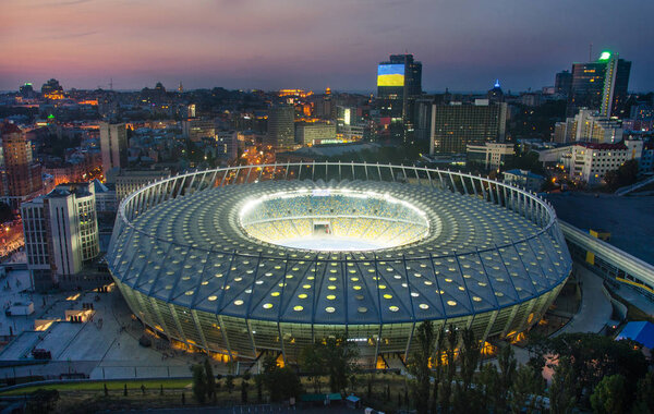 Panorama of kyiv city center, NSC Olympiysky Stadium of Kiev, Ukraine. Old and modern architecture in capital city of Ukraine, beautiful landscape of Kiev city center