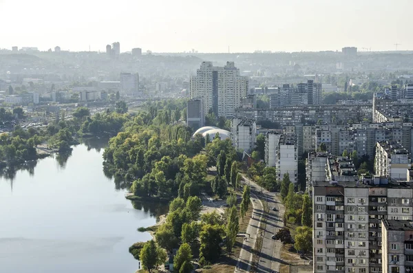 Flygfoto Floden Dnepr Grönområde Obolon Kiev City Flygande Drönare Kamera — Stockfoto