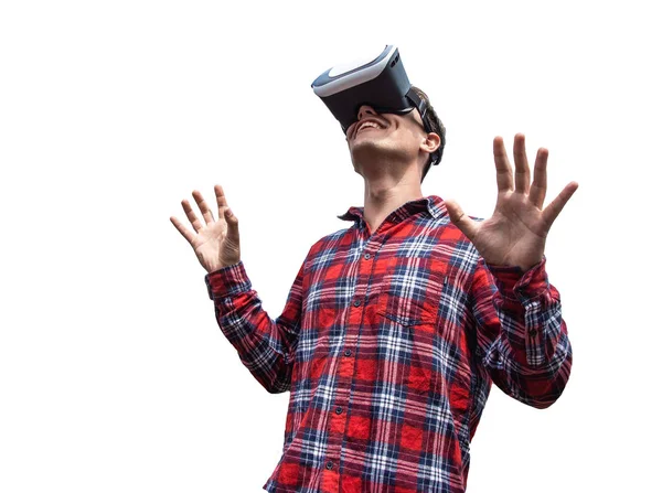 Чоловік Окулярах Віртуальної Реальності Студійний Знімок Сірий Фон Контуром Всередині — стокове фото
