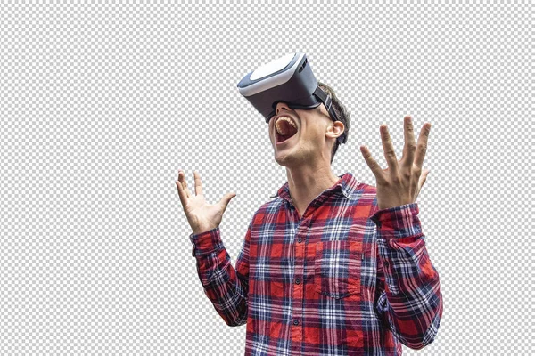 Hombre Con Gafas Realidad Virtual Estudio Tiro Fondo Gris Con —  Fotos de Stock