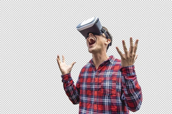 Homem Usando Óculos Realidade Virtual Estúdio Tiro Fundo Transparente Com — Fotografia de Stock