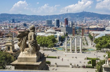 Placa Espanya ve Montjuic Hill ile Ulusal Sanat Müzesi Katalonya, Barcelona, İspanya