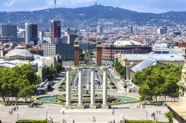 Placa Espanya ve Montjuic Hill ile Ulusal Sanat Müzesi Katalonya, Barcelona, İspanya