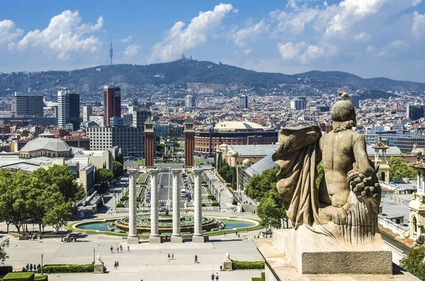 Vista Sobre Placa Espanya Montjuic Hill Com Museu Nacional Arte — Fotografia de Stock