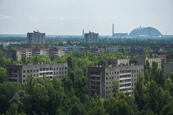 Central square in abandoned Pripyat city in Chernobyl Exclusion Zone, Ukraine