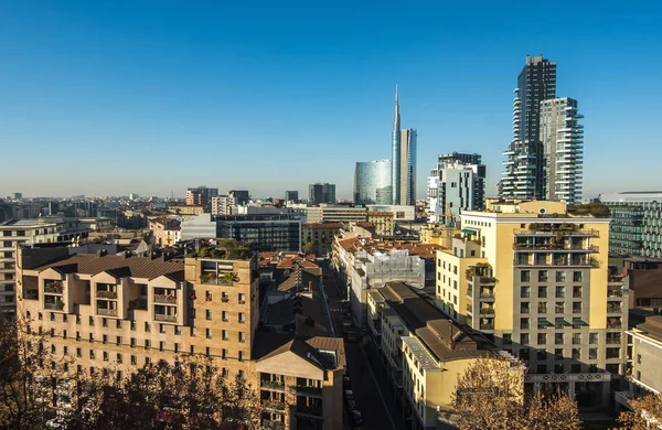 Milan skyline with modern skyscrapers in Porto Nuovo business district, Italy. Panorama of Milano city for background. Summer panoramic view of Milan from above. Architecture and cityscape of Milan.