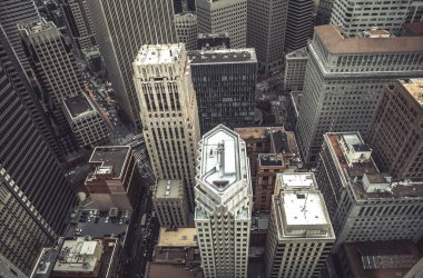 Vintage stylized photo of skyscrapers in San Francisco City, California, USA. Look down of San Francisco