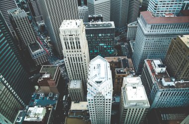 Vintage stylized photo of skyscrapers in San Francisco City, California, USA. Look down of San Francisco