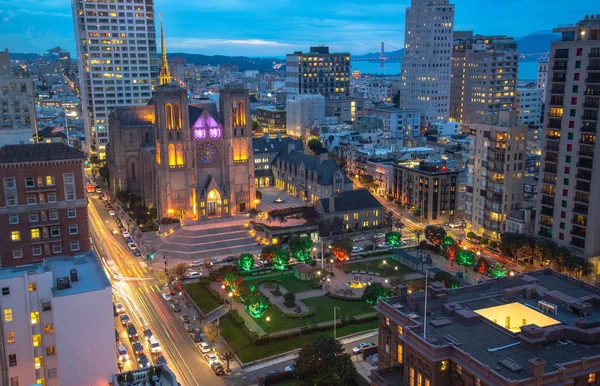 Huntington Park and Grace Cathedral in San Francisco aerial view at evening dusk time with illumination