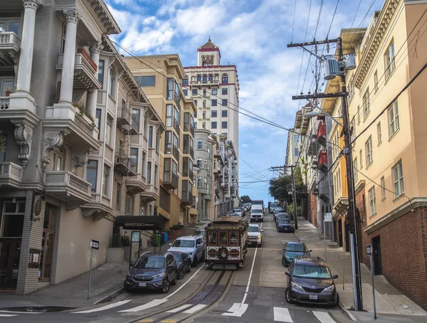 Low Angle Twilight View Empty Road Cable Car Tracks Leading — Stock Photo, Image