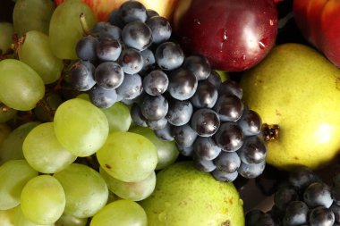 Olgun, sulu üzüm, erik, elma ve armut demetleri. Meyve ve böğürtlen karışımı. Yaz meyveleri ve meyveler.