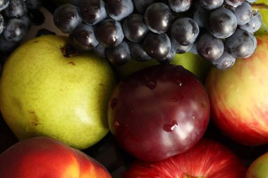 Olgun, sulu üzüm, erik, elma, armut ve şeftali demetleri. Meyve ve böğürtlen karışımı. Yaz meyveleri ve meyveler.
