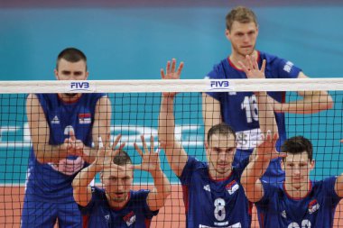 Sofia, Bulgaria - 1 June, 2018: Team of Bulgaria plays against team of Serbia (pictured) during FIVB Volleyball Nations League in Sofia. clipart