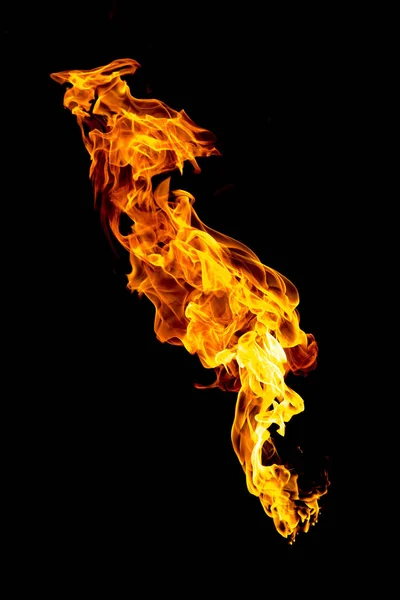 Burning Flame Isolated Black Background Fire Red Orange Yellow Vertical — Stock Photo, Image