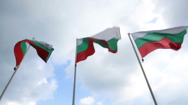 Three Bulgarian National Flags Wave Pylons Aginst Cloudy Sky — Stock Video