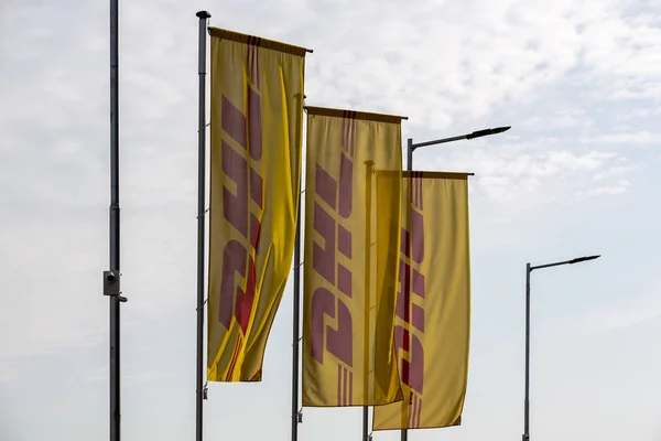 Sofia Bulgaria October 2018 Three Yellow Dhl Flags Seen Waving — Stock Photo, Image