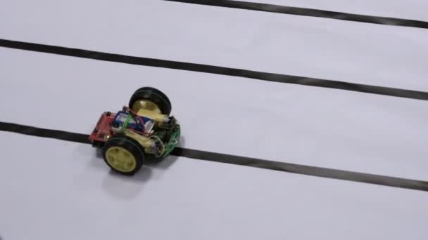 Race Robot Seen Open Competition Self Made Robots School Students — Stock Video