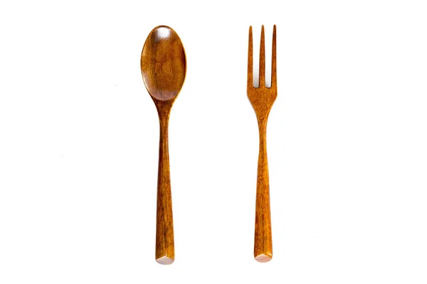 Tenedor de madera y cuchara sobre fondo blanco —  Fotos de Stock