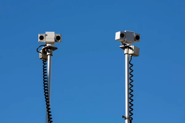 Two Police Surveillance Cameras Seen Blue Sky — Stock Photo, Image