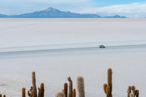Landscape of the crystallized Bolivia salt flat with a car driving through. — Stock Photo, Image