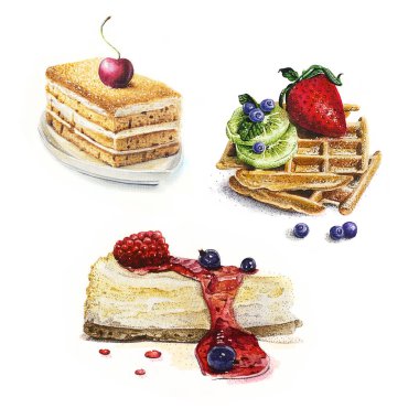 Tatlı ve tatlıların suluboya çizimi: ahudududulu cheesecake, kivi ve çilekli Belçika waffle 'ı, kirazlı ekşi krema.