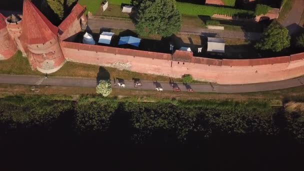 Aérea Paseo Caballo Largo Pared Del Castillo Malbork Polonia Hora — Vídeos de Stock