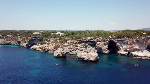 Aerial Natural Arch Nearby Cala Santanyi Mallorca Spain — Stock Video