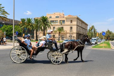 Palma de Mallorca, İspanya - 07 Temmuz 2018: güneşli bir günde at taşıma turist Palma de Mallorca bir sokakta