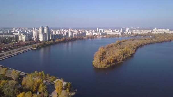 Antenne Obolonska Quay Obolon District Kiyv Herfst Tijd — Stockvideo