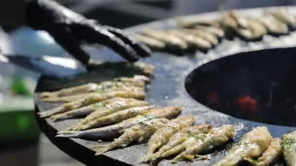 Pesce Profumato Sta Preparando Sulla Griglia All Aperto — Video Stock