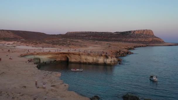 Crowd People Stony Shore Sea Caves Cyprus View — Stock Video