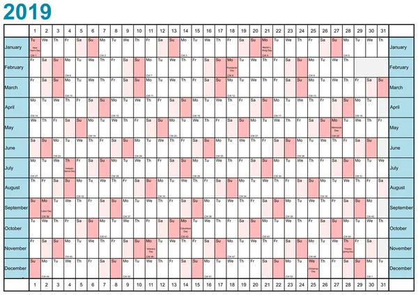 Planner Rok 2019 Liniowo Święta Dla Usa — Wektor stockowy