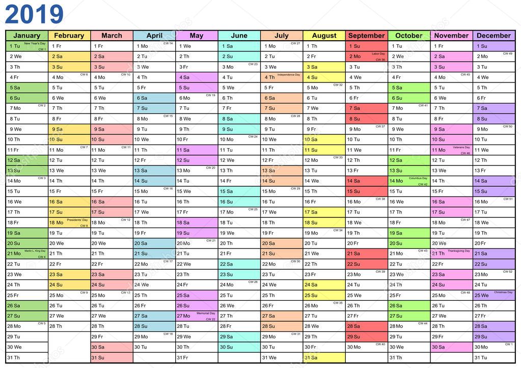 Year Planner 2019 with public holidays  for the USA and each month in a different color