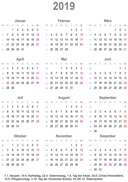 Simple Calendar 2019 One Year Glance Starts Monday Public Holidays — Stock Vector