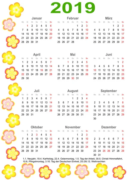 Calendar 2019 Markings List Public Holidays Germany Edged Colorful Flowers — Stock Vector